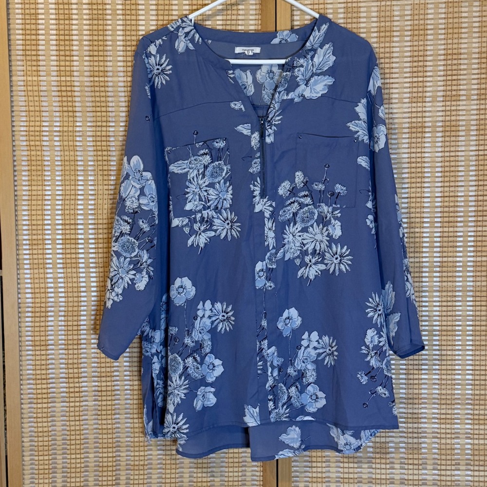 Maurices Women Blue Floral 3/4 Sleeve Zip Neck Blouse Top Size 1 Plus Cottage